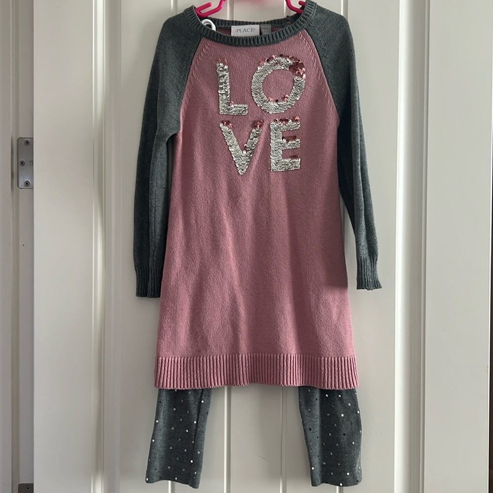 Girls Pink & Gray Flip Sequin Tunic Sweater and Gray Leggings - Size Small